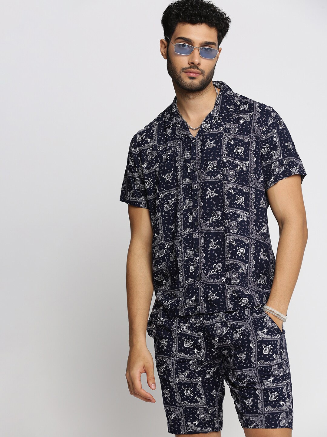 

SHOWOFF Printed Oversized Shirt With Shorts Co-Ords, Navy blue