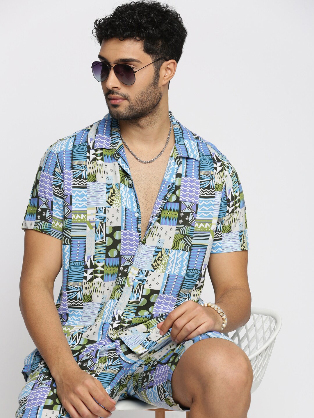 

SHOWOFF Abstract Printed Shirt With Shorts Co-Ords, Blue