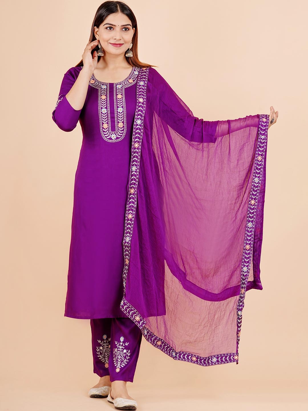 

KALINI Floral Yoke Design Embroidered Kurta With Pyjamas & Dupatta, Purple
