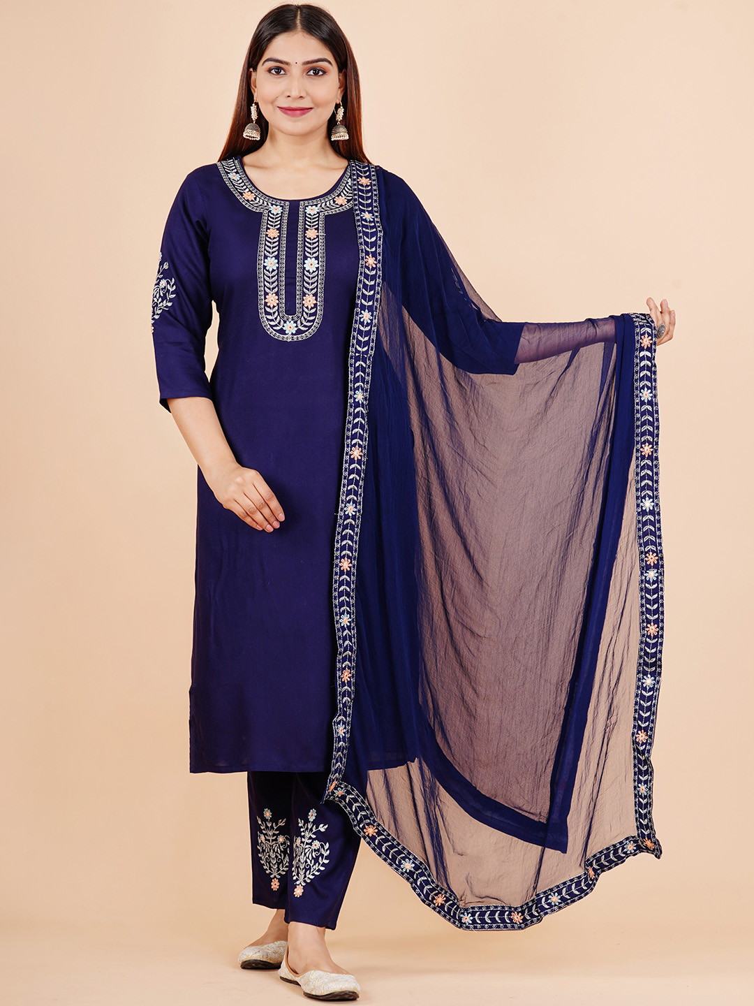 

KALINI Floral Yoke Design Thread Work Detailed Straight Kurta & Trouser With Dupatta, Navy blue