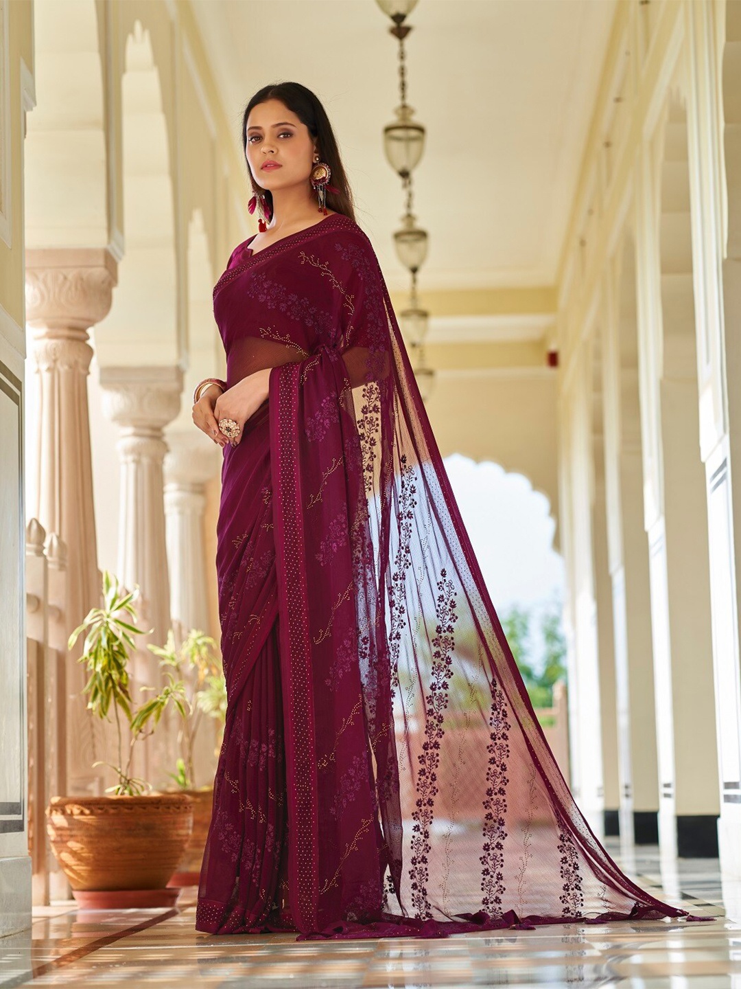 

Mitera Purple Floral Embroidered Beads and Stones Pure Georgette Saree