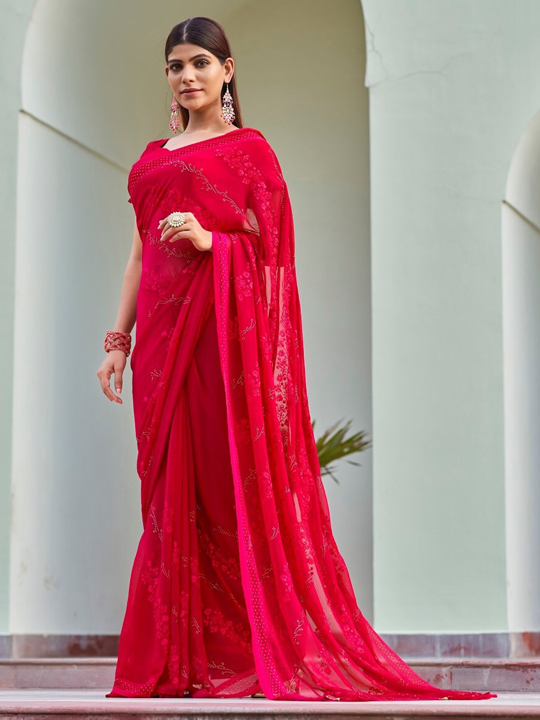 

Mitera Pink Embellished Beads and Stones Pure Georgette Saree