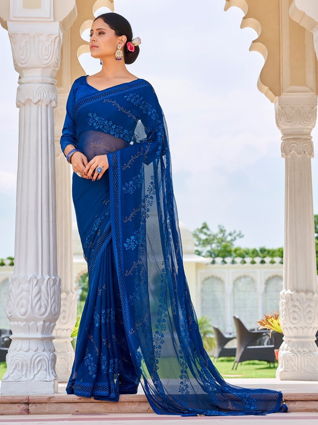 

Mitera Embellished Beads and Stones Pure Georgette Saree, Teal