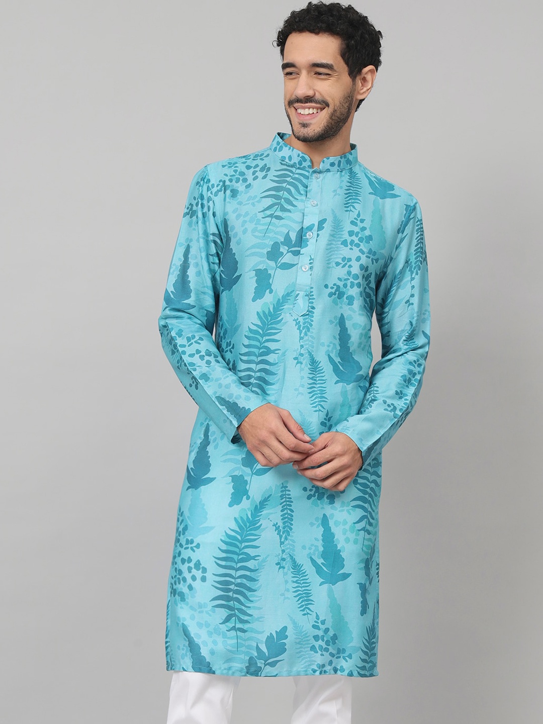 

HILO DESIGN Floral Printed Mandarin Collar Long Sleeves Straight Kurta, Blue