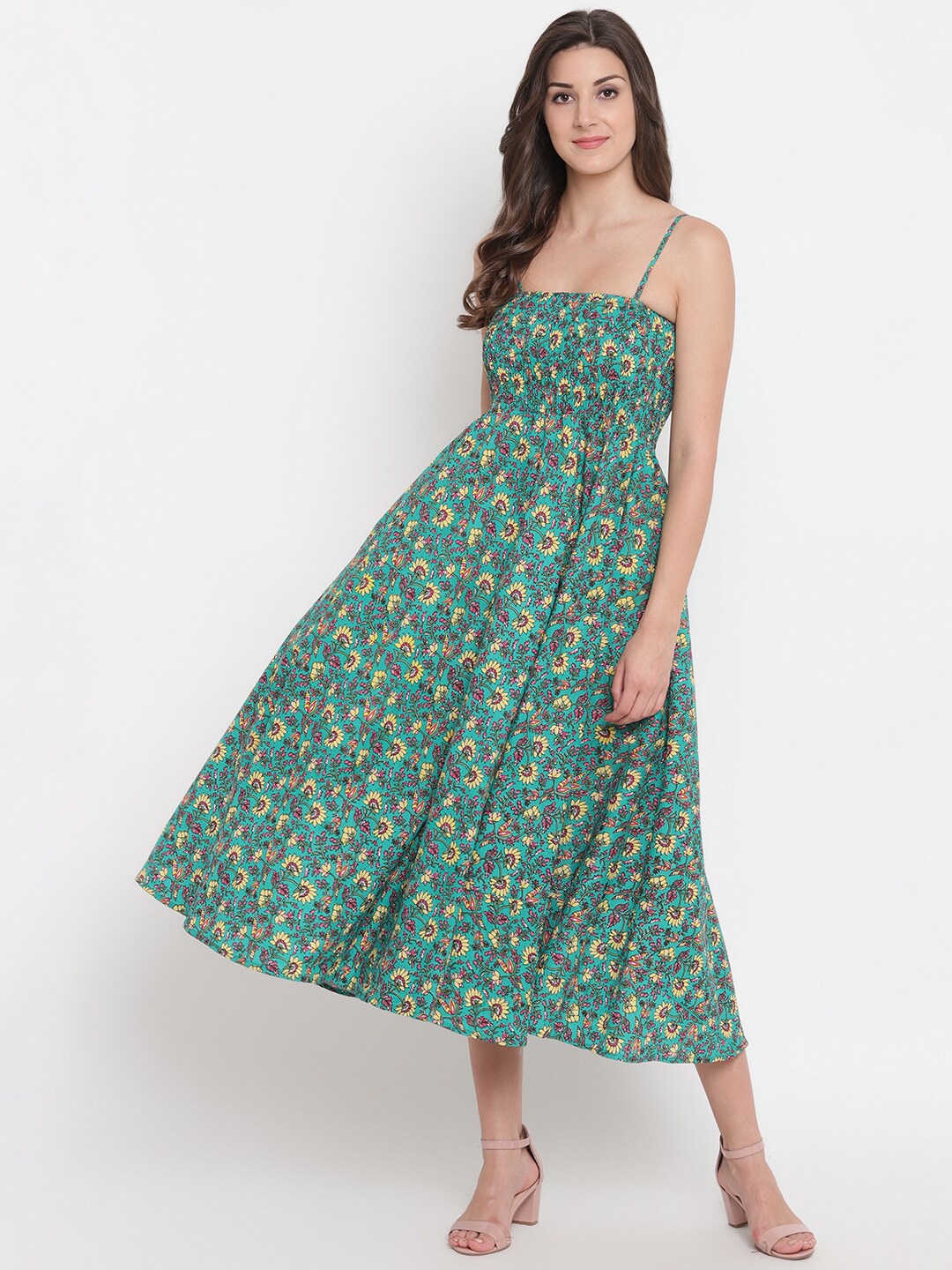 

BAESD Floral Printed Shoulder Straps Smocked Cotton Fit & Flare Midi Dress, Green