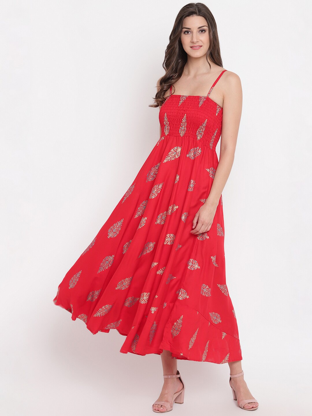

BAESD Ethnic Motifs Printed Shoulder Straps Smocked Detailed Cotton Fit & Flare Dress, Red