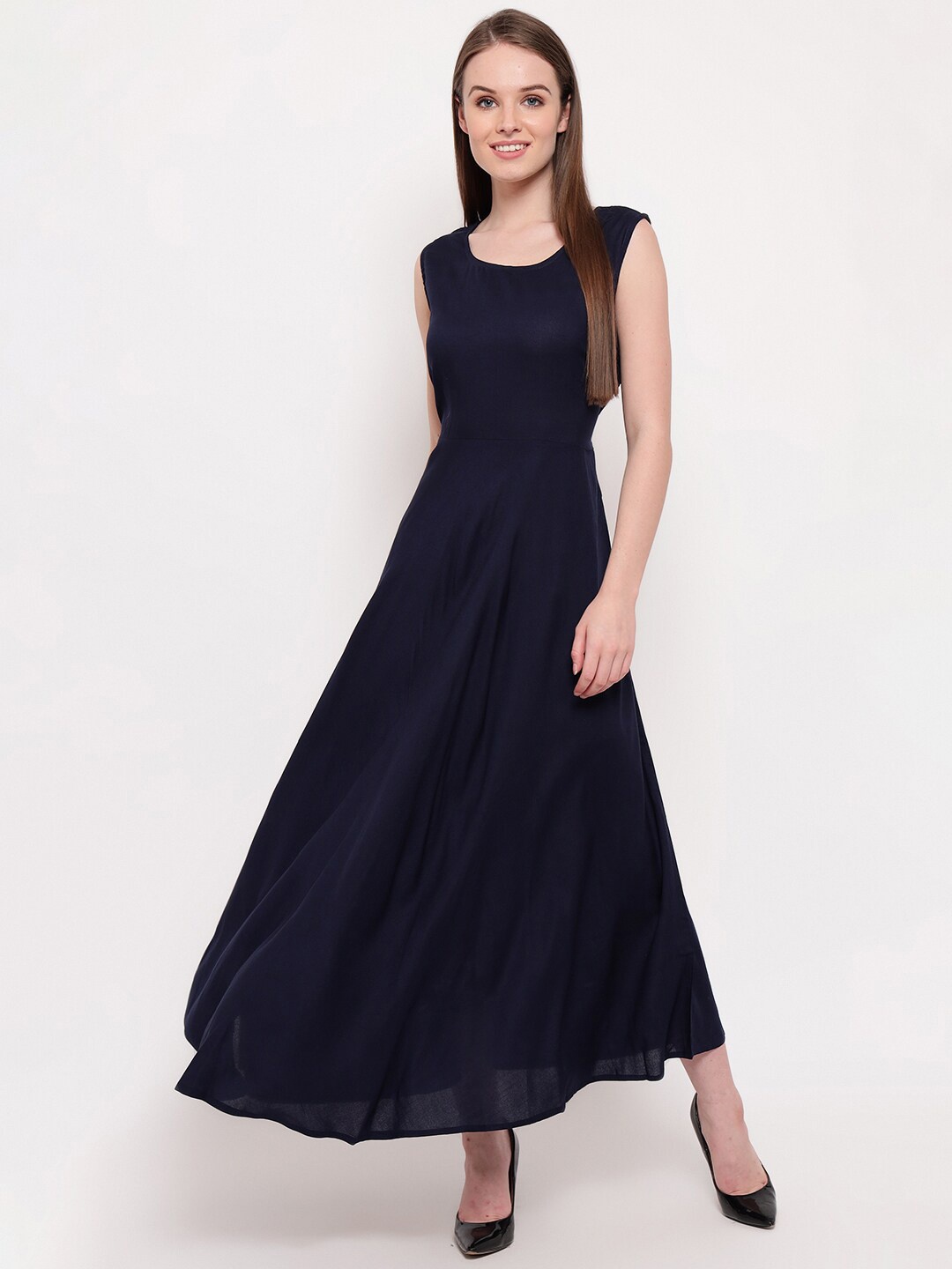 

BAESD Round Neck Cotton Fit & Flare Midi Dress, Navy blue