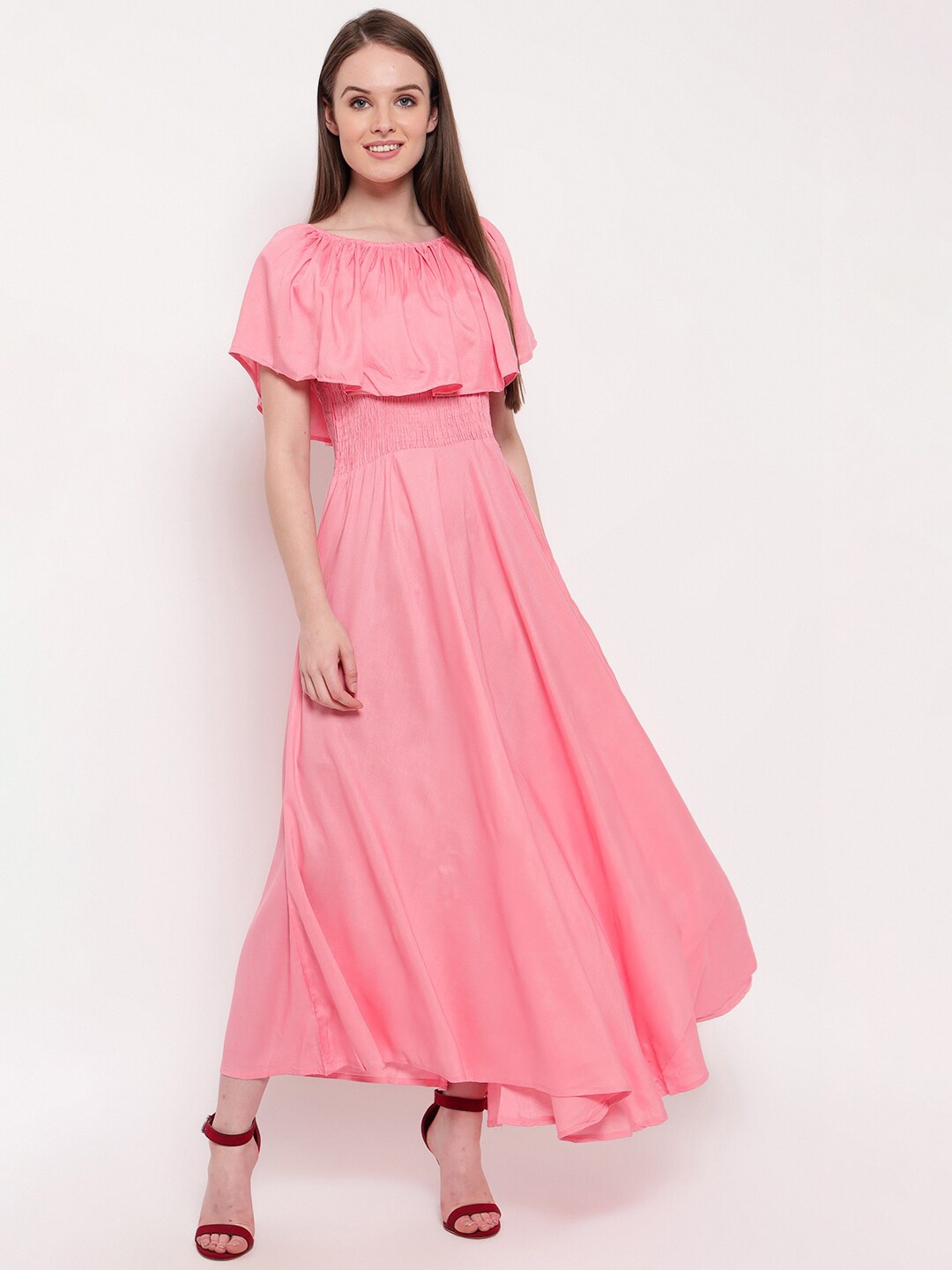 

BAESD Round Neck Cape Sleeves Smocked Detailed Cotton Maxi Dress, Pink