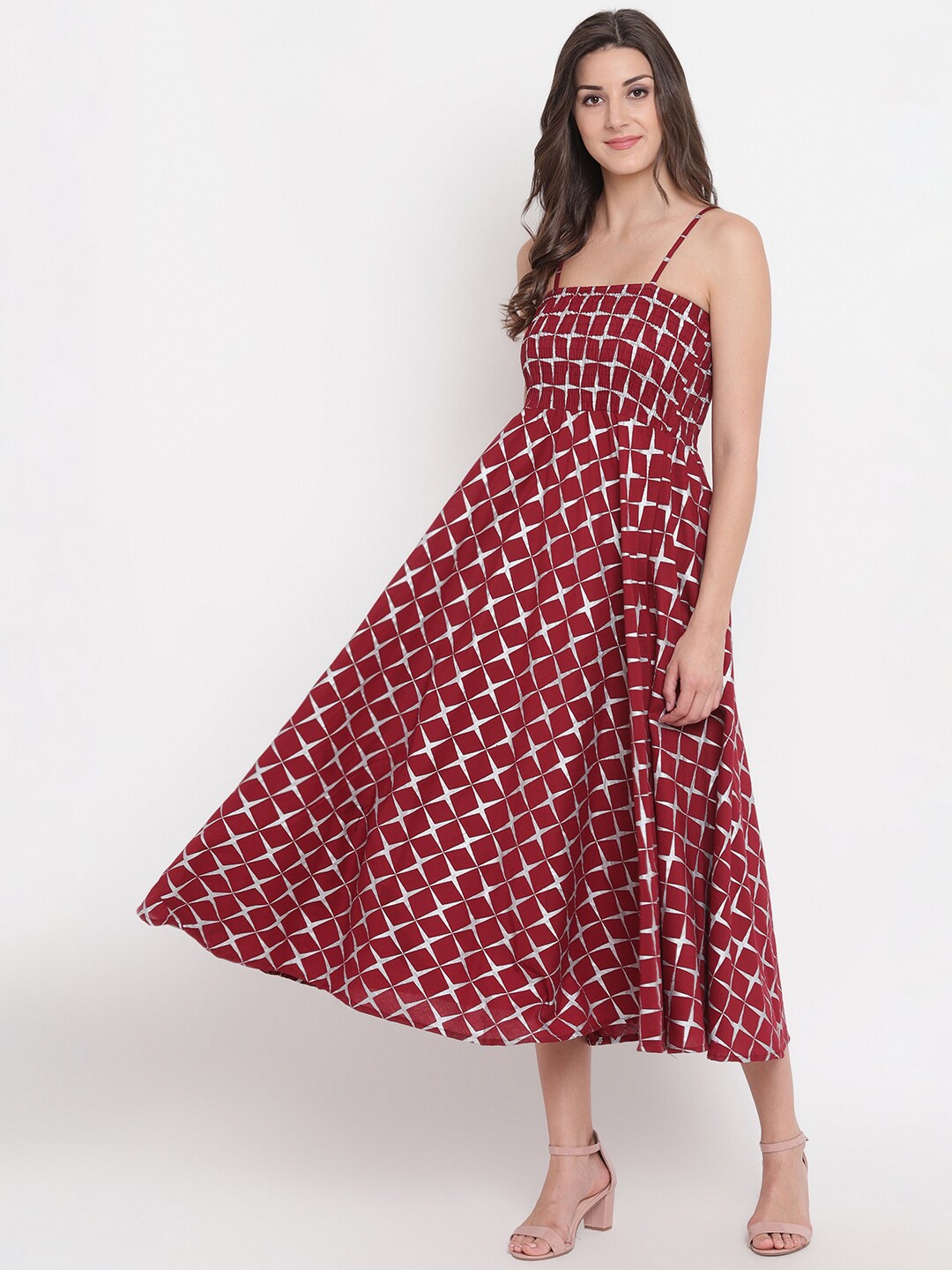 

BAESD Geometric Printed Shoulder Straps Smocked Cotton Fit & Flare Midi Dress, Maroon