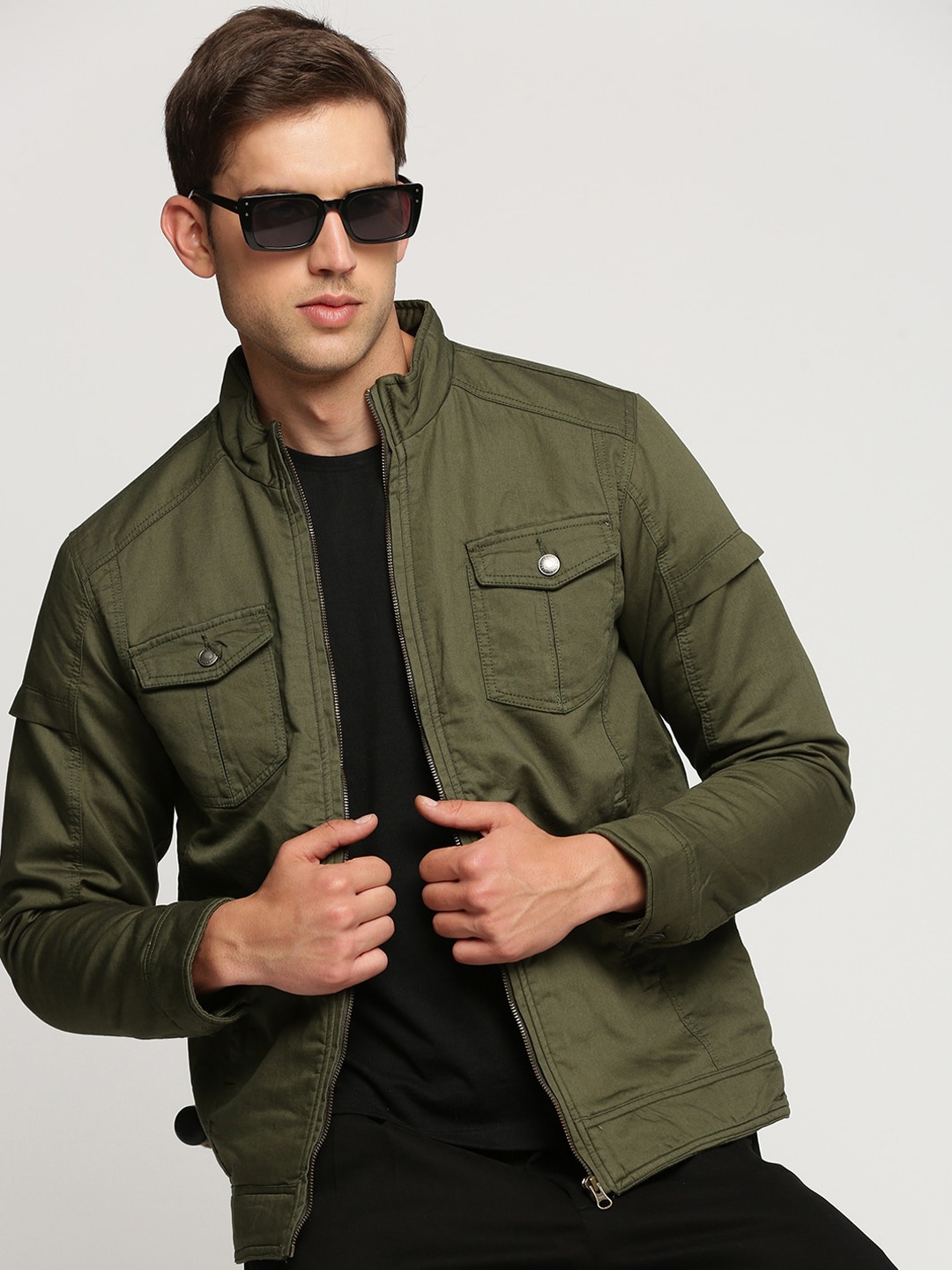 

SHOWOFF Windcheater Mock Collar Cotton Bomber Jacket, Olive