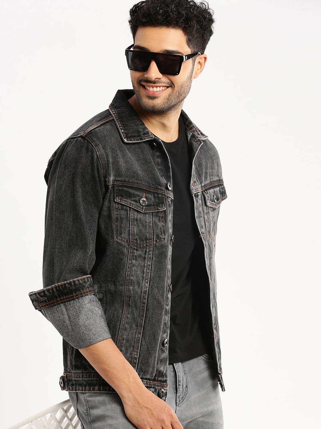 

SHOWOFF Spread Collar Windcheater Denim Jacket, Grey