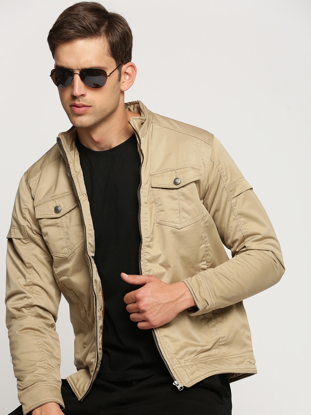 

SHOWOFF Mock Collar Windcheater Cotton Open Front Jacket, Beige