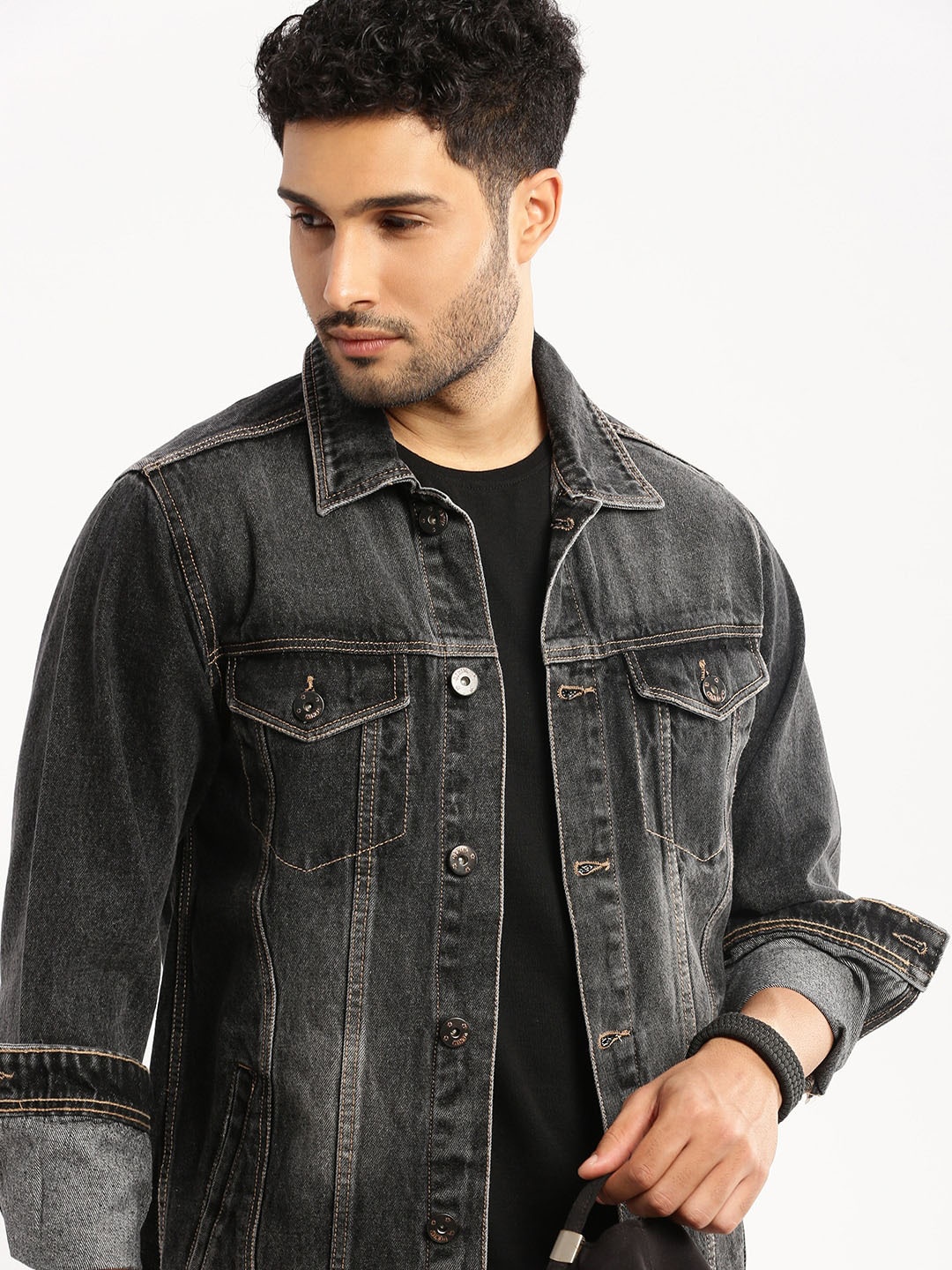 

SHOWOFF Spread Collar Windcheater Denim Jacket, Grey