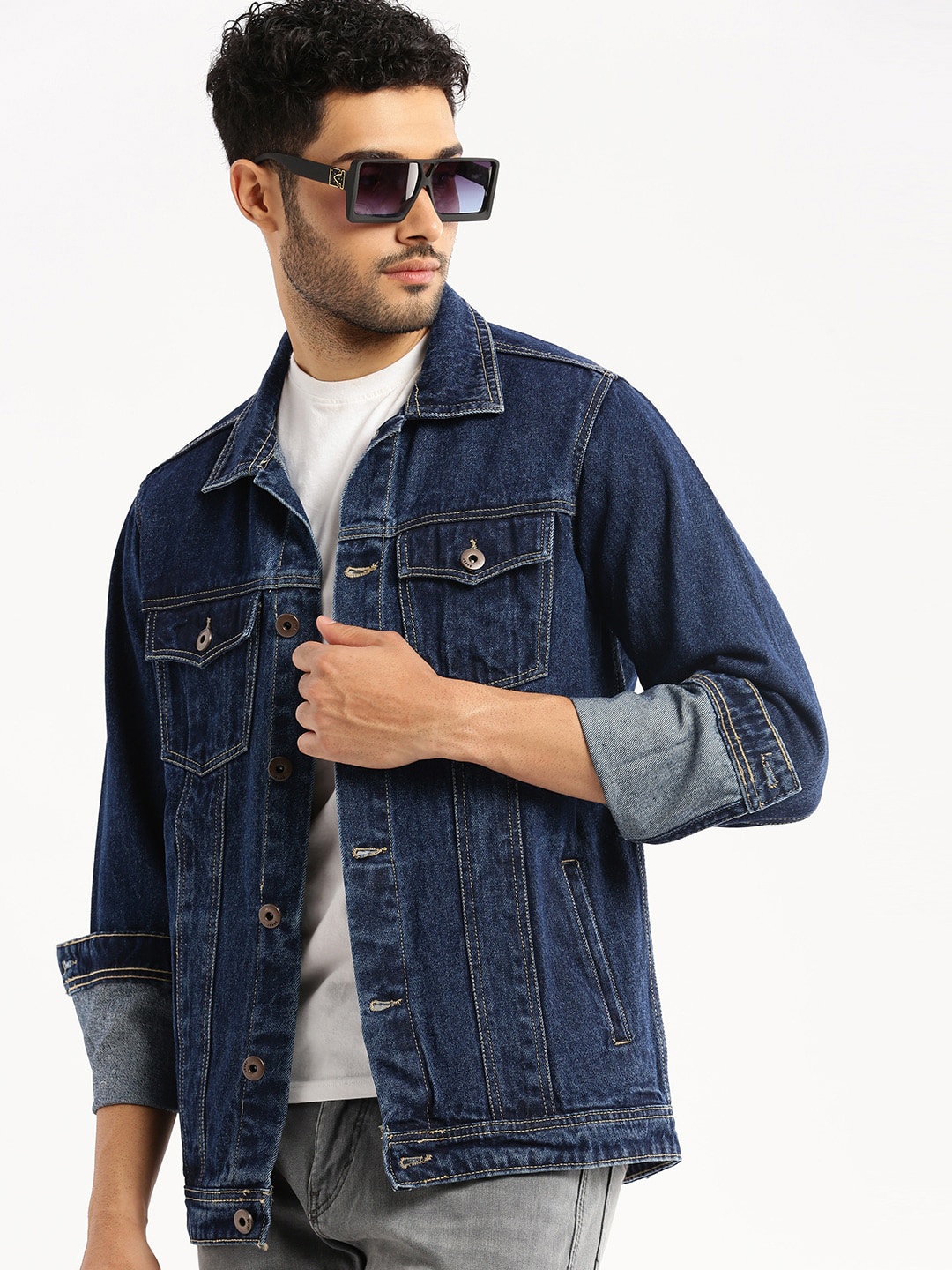 

SHOWOFF Windcheater Spread Collar Denim Jacket, Navy blue