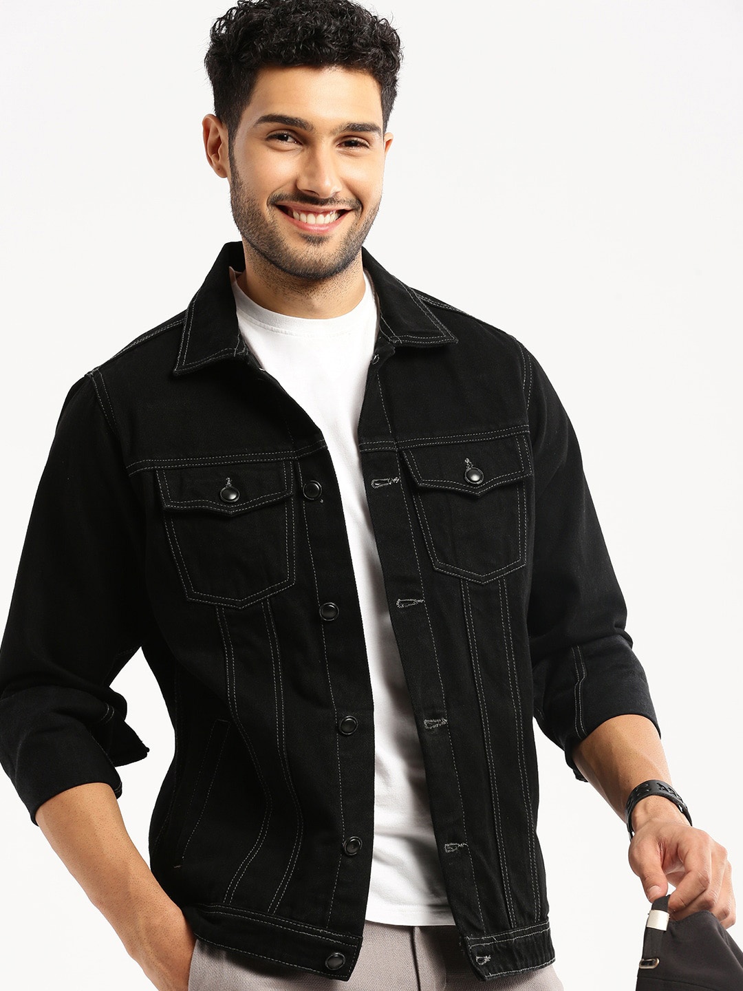 

SHOWOFF Windcheater Spread Collar Denim Jacket, Black