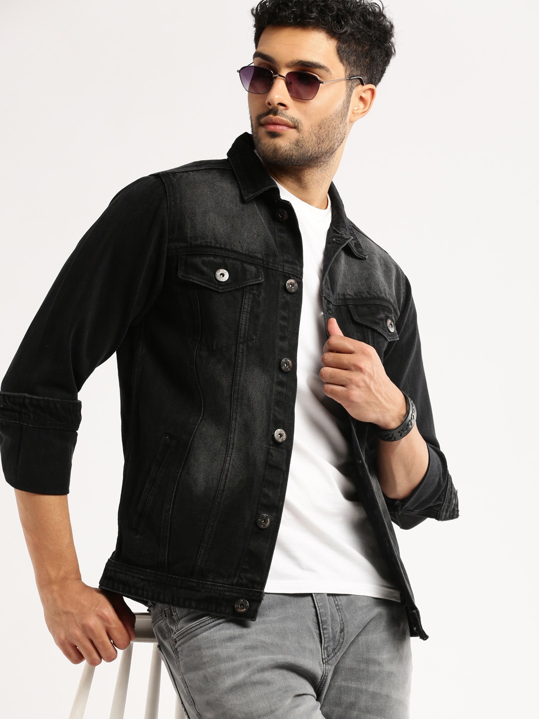 

SHOWOFF Windcheater Spread Collar Denim Jacket, Charcoal