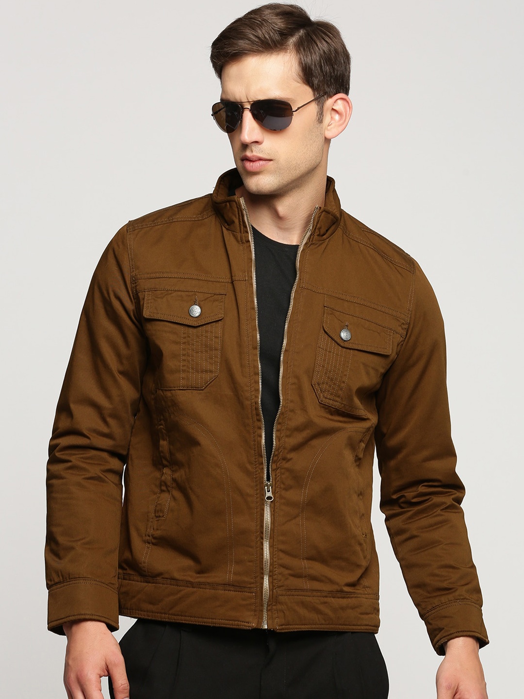 

SHOWOFF Mock Collar Windcheater Cotton Open Front Jacket, Brown