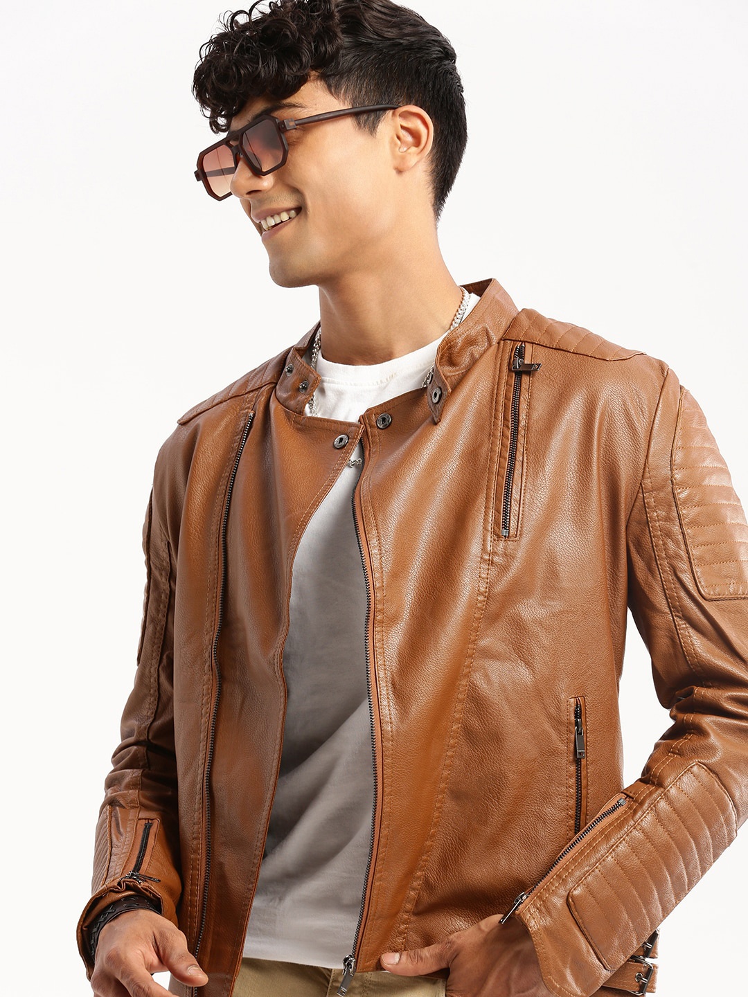 

SHOWOFF Stand Collar Windcheater Biker Jacket, Brown