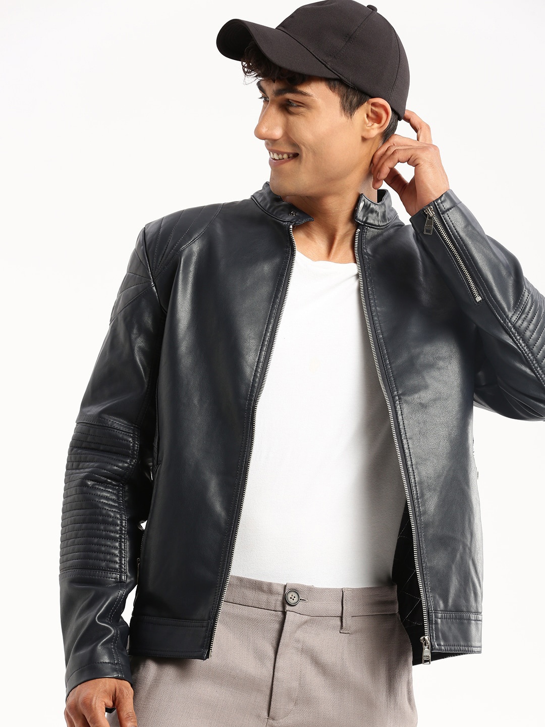 

SHOWOFF Stand Collar Windcheater Biker Jacket, Navy blue