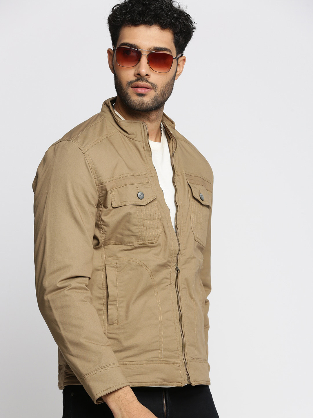 

SHOWOFF Mock Collar Windcheater Cotton Open Front Jacket, Khaki