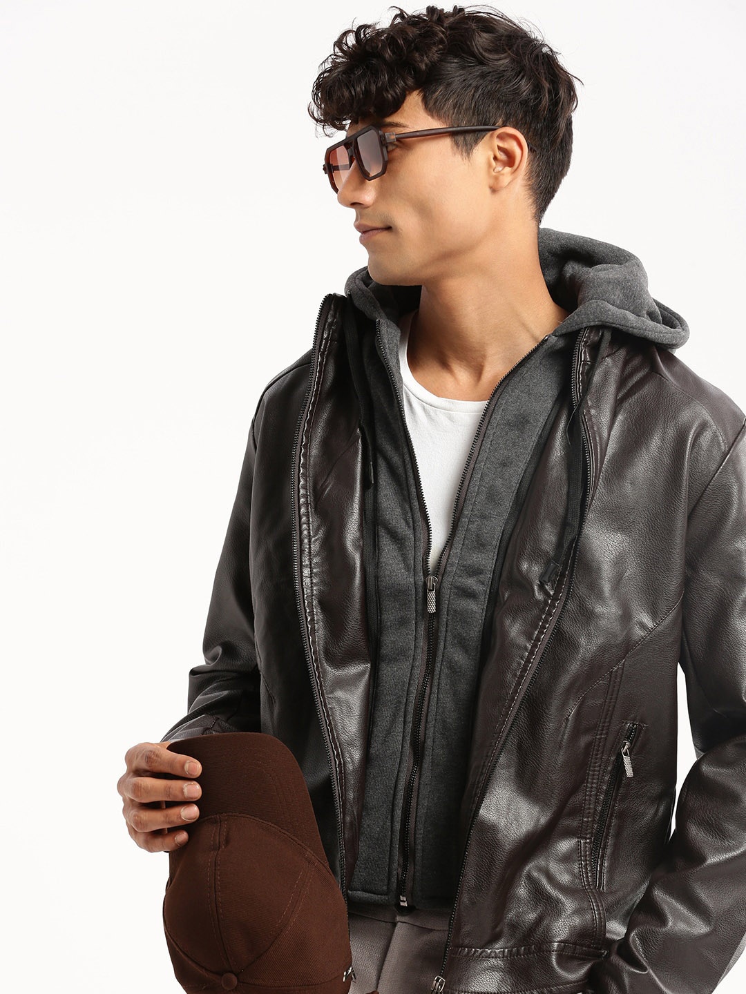 

SHOWOFF Hooded Windcheater Biker Jacket, Brown