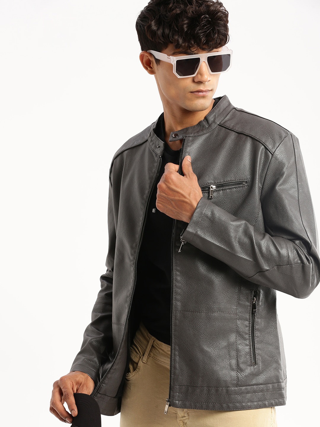

SHOWOFF Stand Collar Windcheater Biker Jacket, Grey