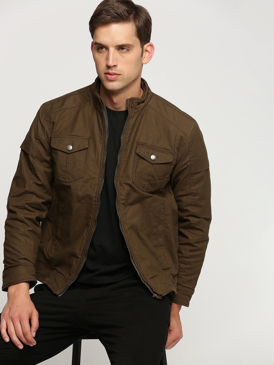 

SHOWOFF Windcheater Mock Collar Cotton Bomber Jacket, Brown