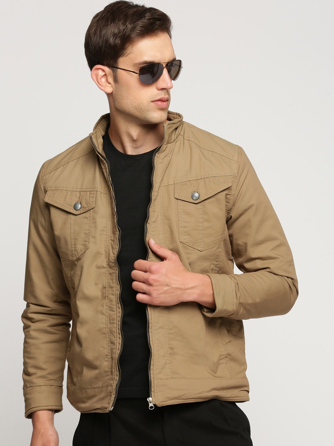 

SHOWOFF Windcheater Mock Collar Cotton Bomber Jacket, Brown