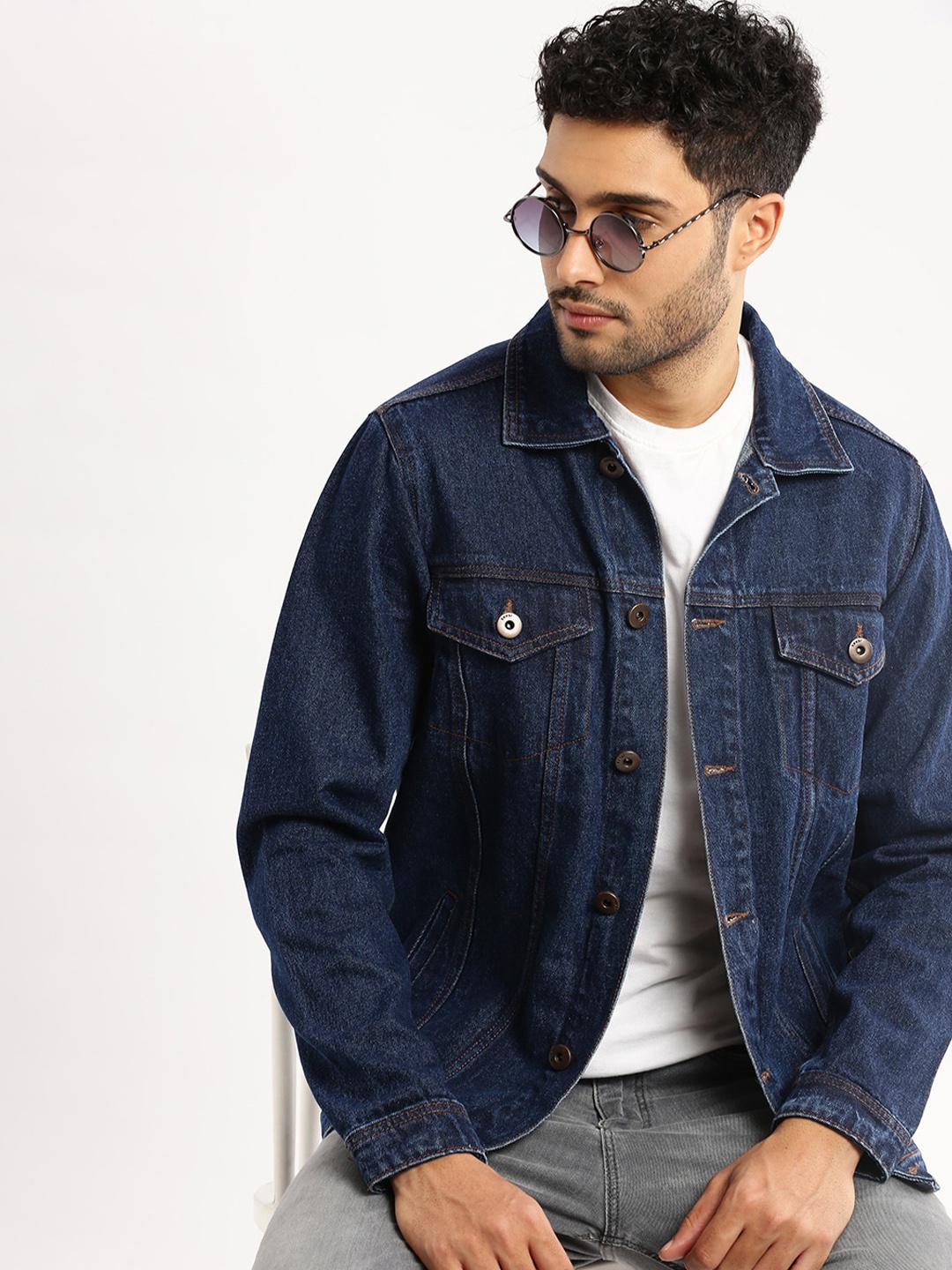 

SHOWOFF Spread Collar Windcheater Denim Jacket, Navy blue