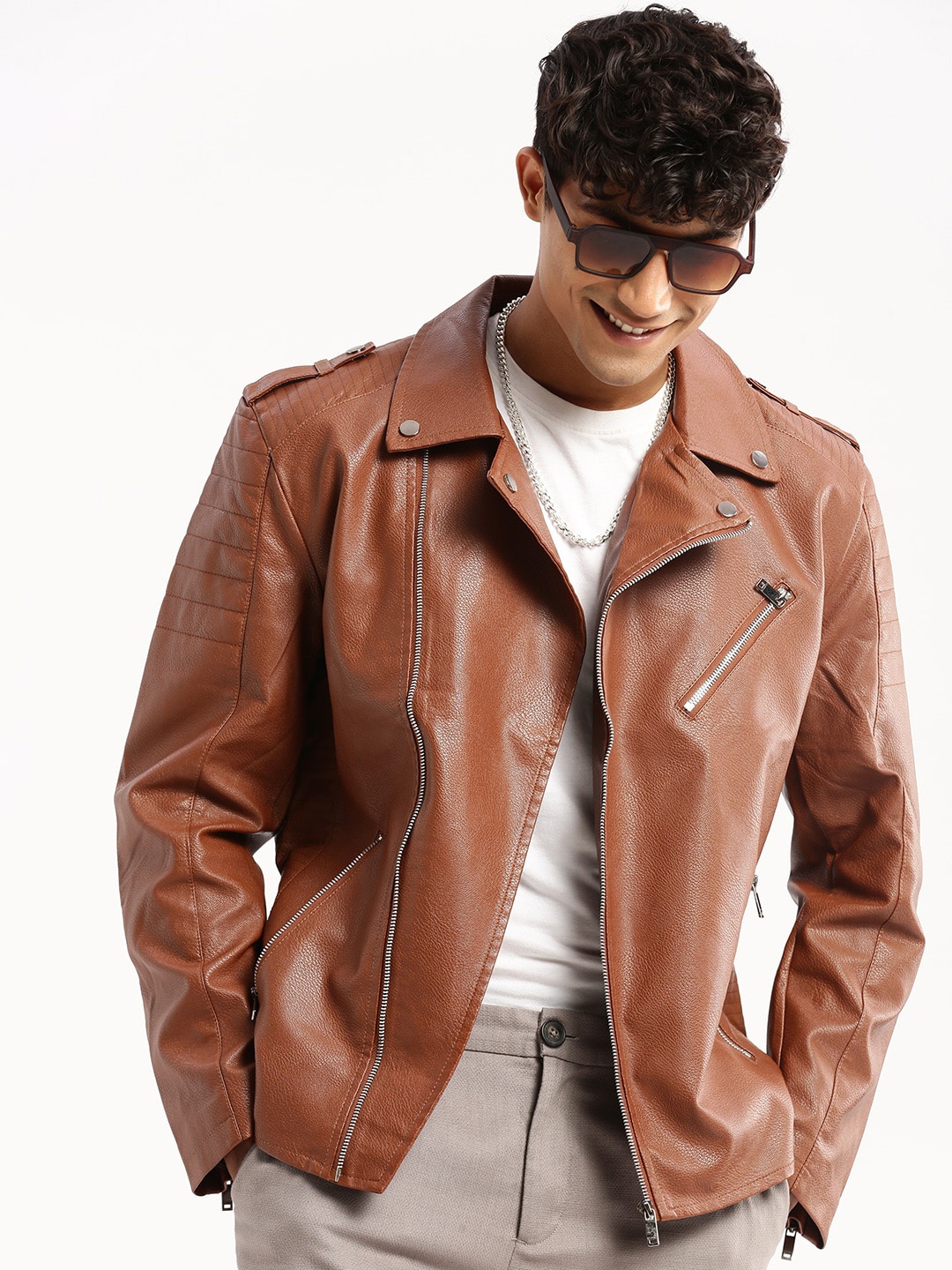 

SHOWOFF Lapel Collar Windcheater Leather Jacket, Brown