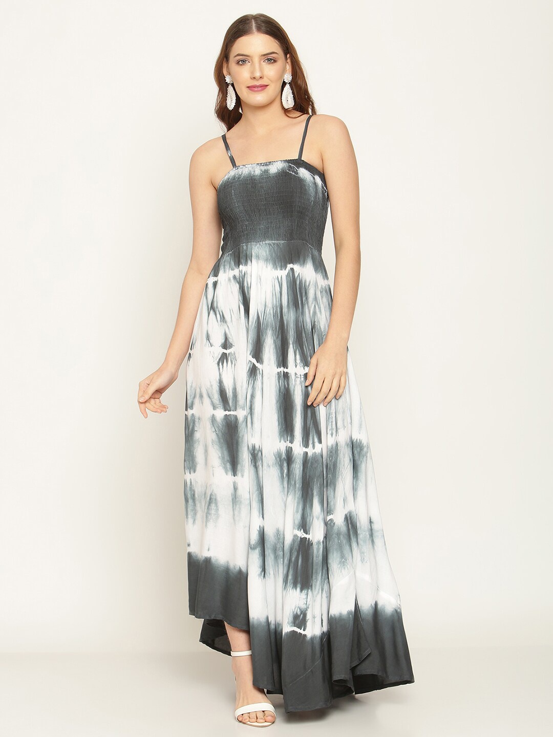 

BAESD Dyed Shoulder Straps Smocked A-line Maxi Dress, Grey