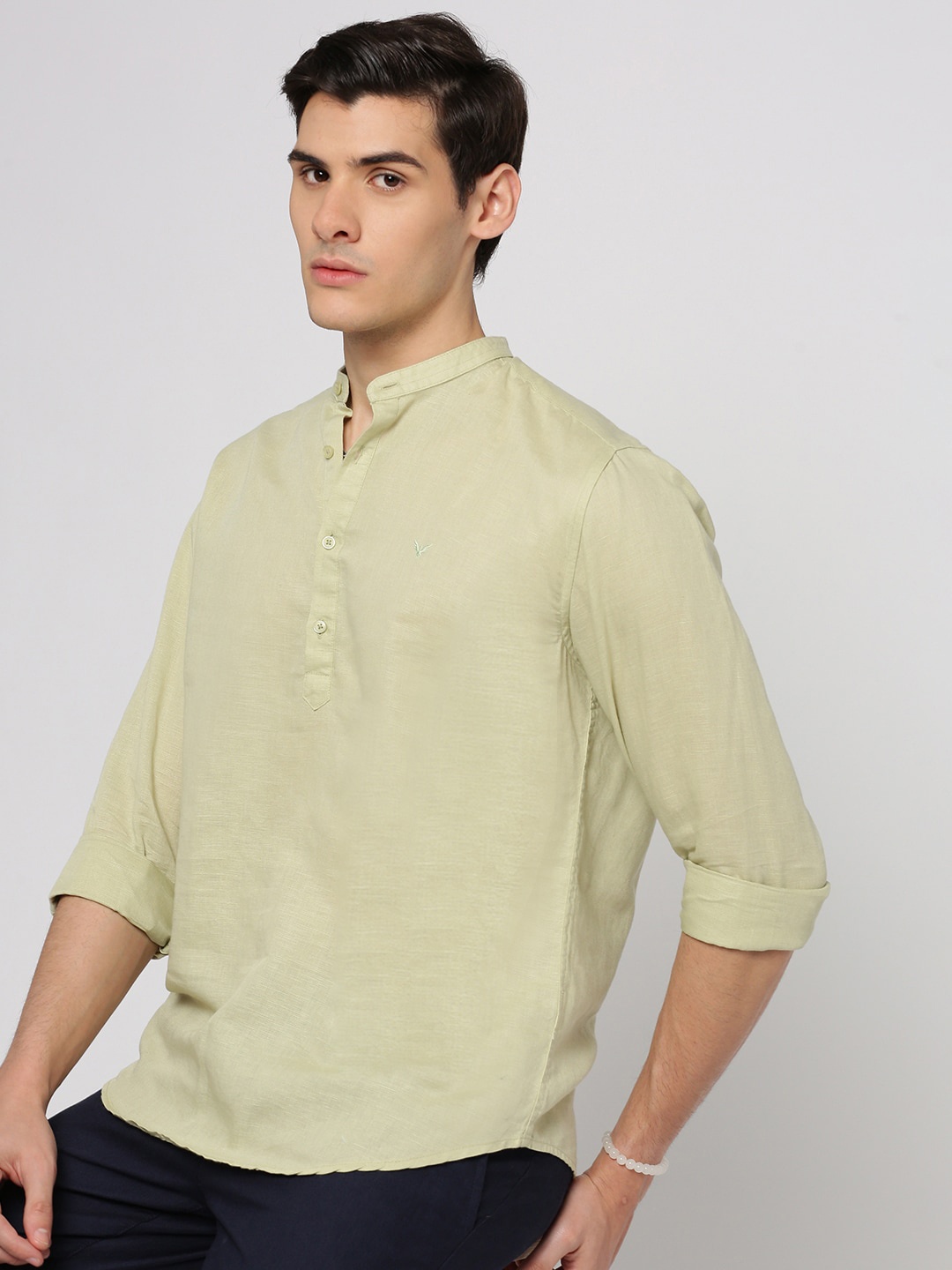 

SHOWOFF Band Collar Linen Straight Shirt, Sea green