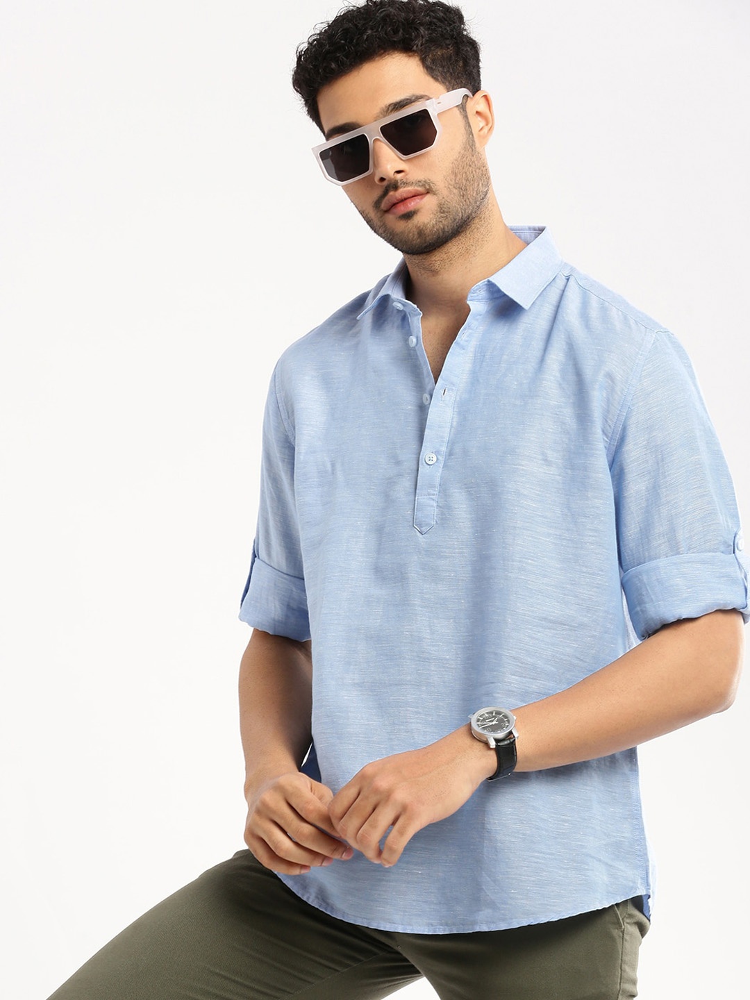 

SHOWOFF Shirt Collar Linen Straight Kurta, Blue