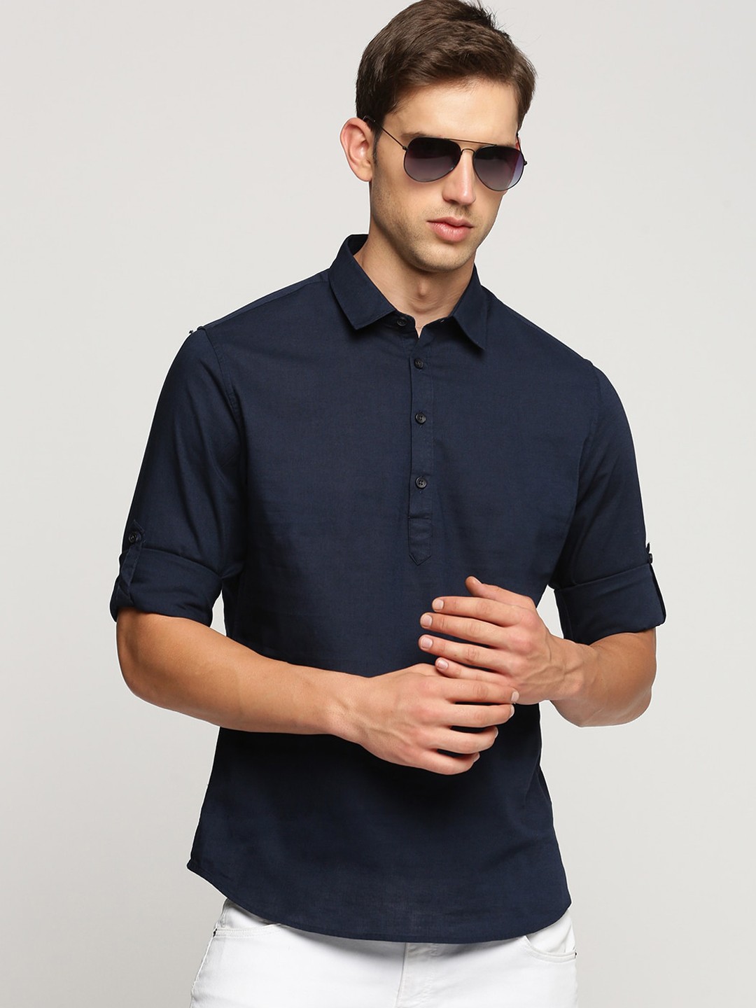 

SHOWOFF Shirt Collar Roll-Up Sleeves Straight Shirt, Navy blue