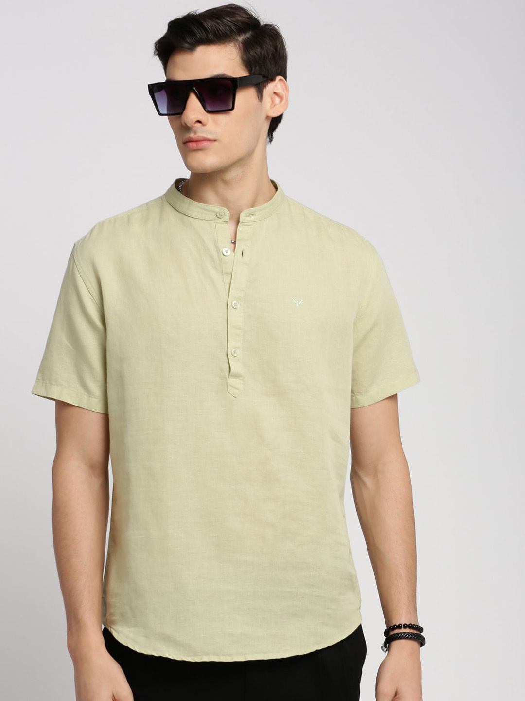 

SHOWOFF Band Collar Short Sleeves Straight Kurta, Sea green