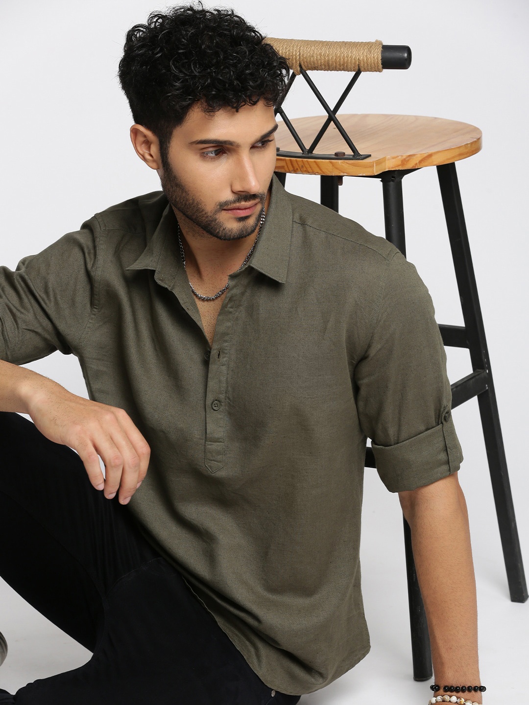 

SHOWOFF Shirt Collar Linen Short Kurta, Olive