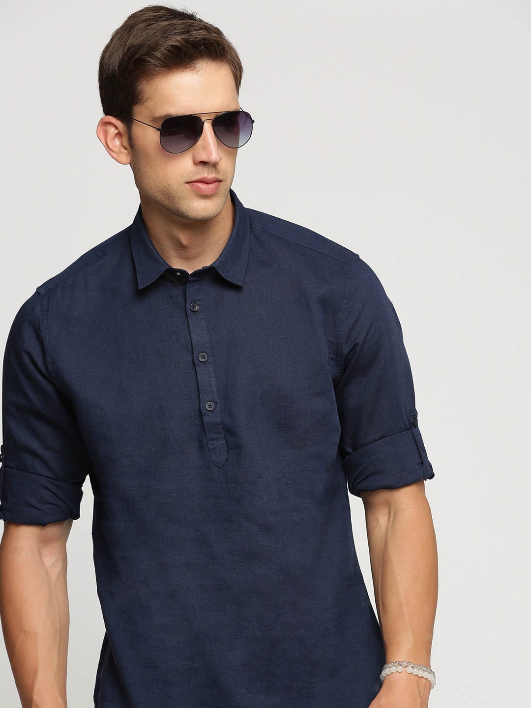 

SHOWOFF Shirt Collar Linen Short Kurta, Navy blue