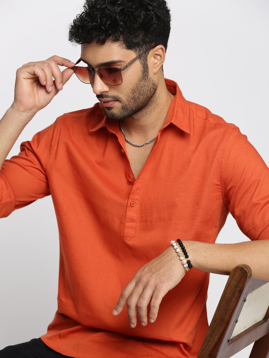 

SHOWOFF Orange Shirt Collar Roll-Up Sleeves Shirt