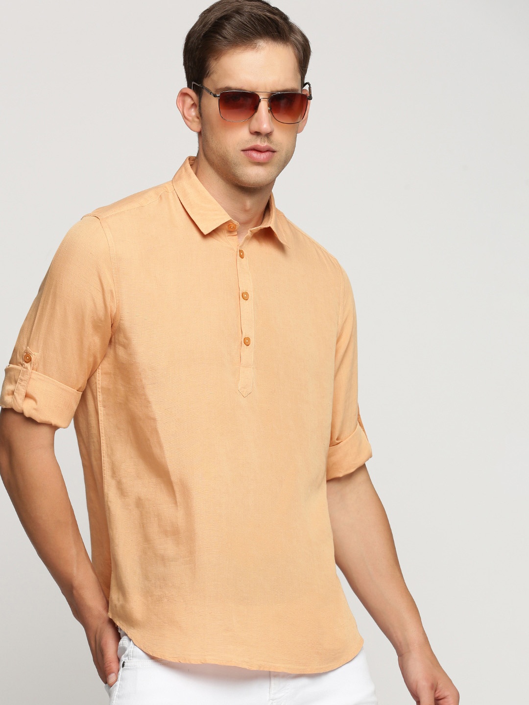 

SHOWOFF Orange Shirt Collar Roll-Up Sleeves Straight Kurta