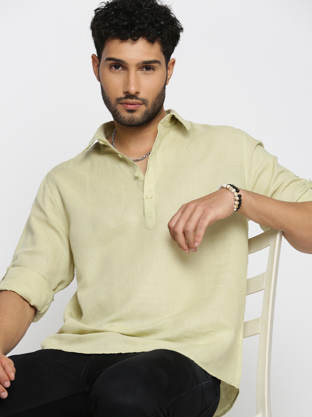 

SHOWOFF Shirt Collar Roll-Up Sleeves Straight Kurta, Green