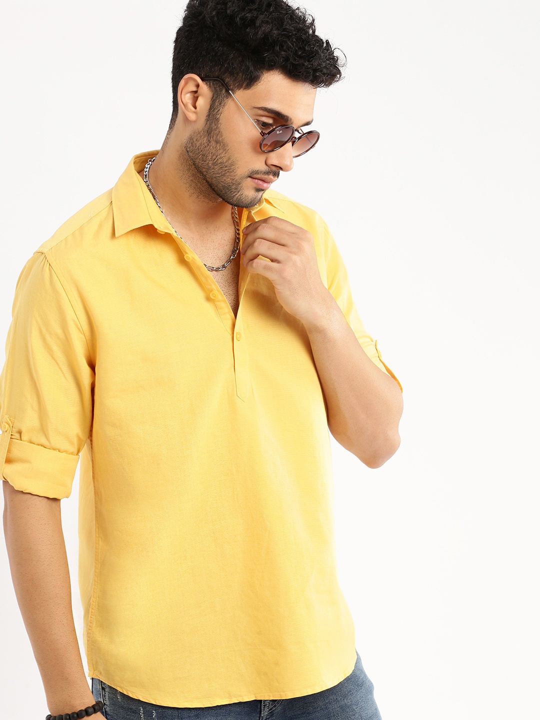 

SHOWOFF Shirt Collar Roll-Up Sleeves Straight Kurta, Yellow