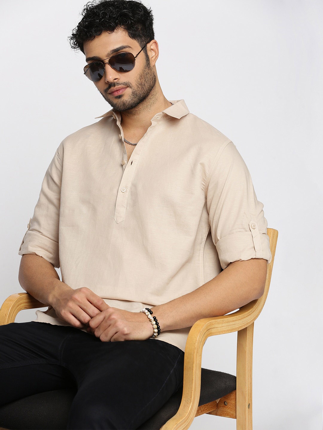

SHOWOFF Shirt Collar Linen Pathani Kurta, Cream
