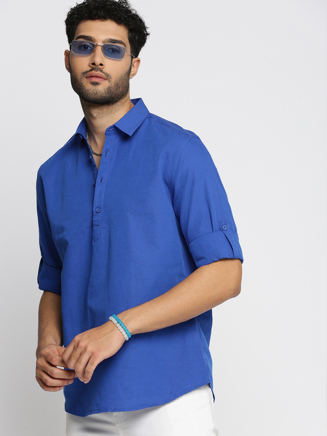 

SHOWOFF Shirt Collar Linen Pathani Shirt, Blue