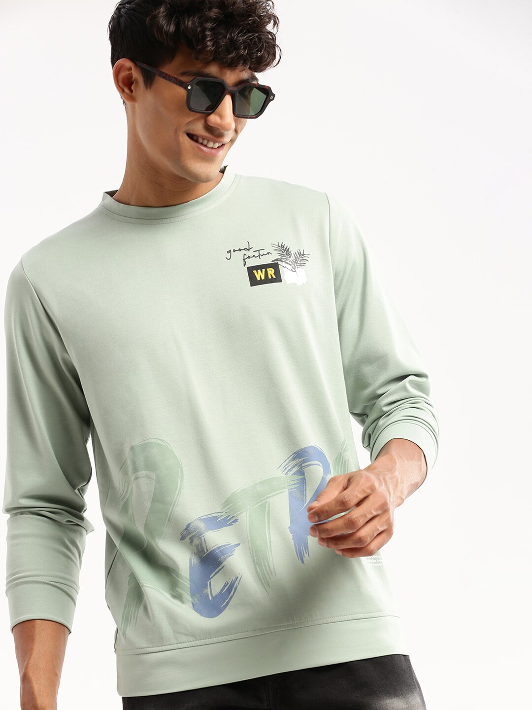 

SHOWOFF Typography Printed Cotton Slim Fit Pullover, Sea green