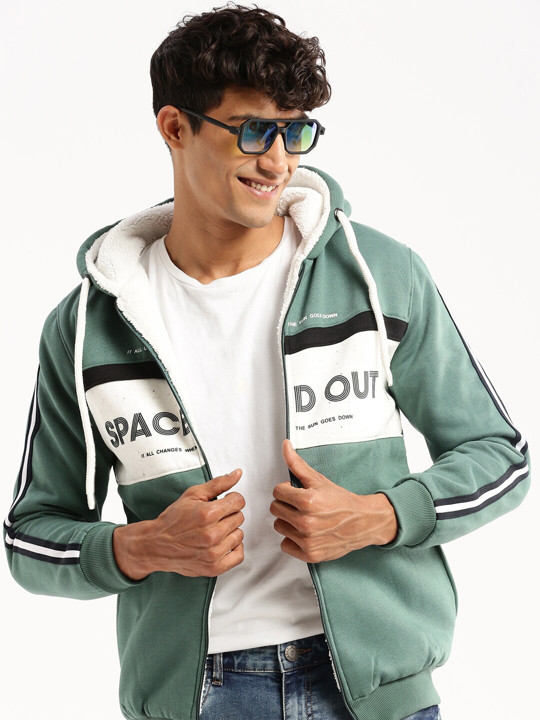 

SHOWOFF Typography Printed Hooded Cotton Slim Fit Front-Open Sweatshirt, Green