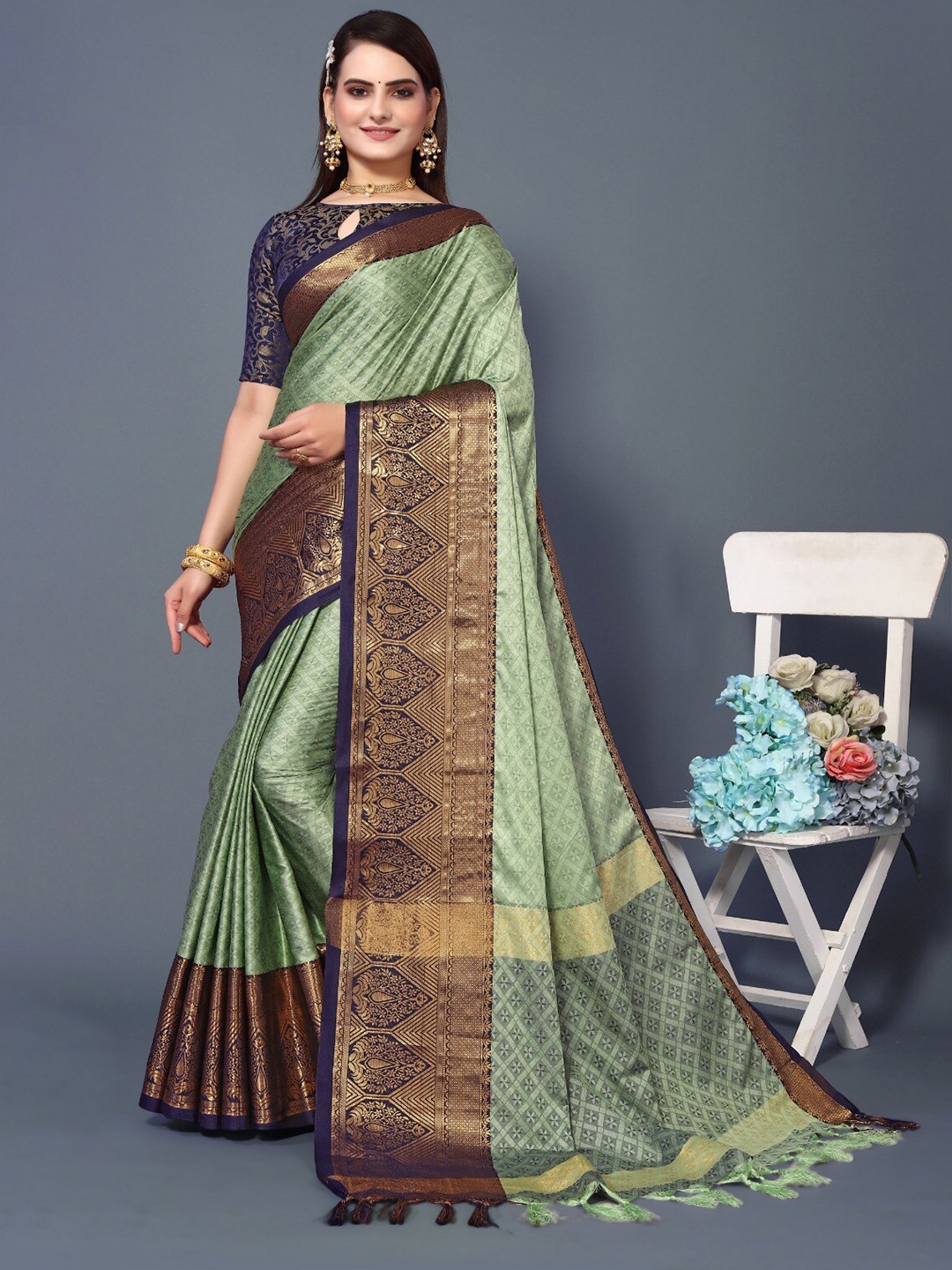 

DWINI Ethnic Motifs Woven Design Zari Dharmavaram Saree, Sea green