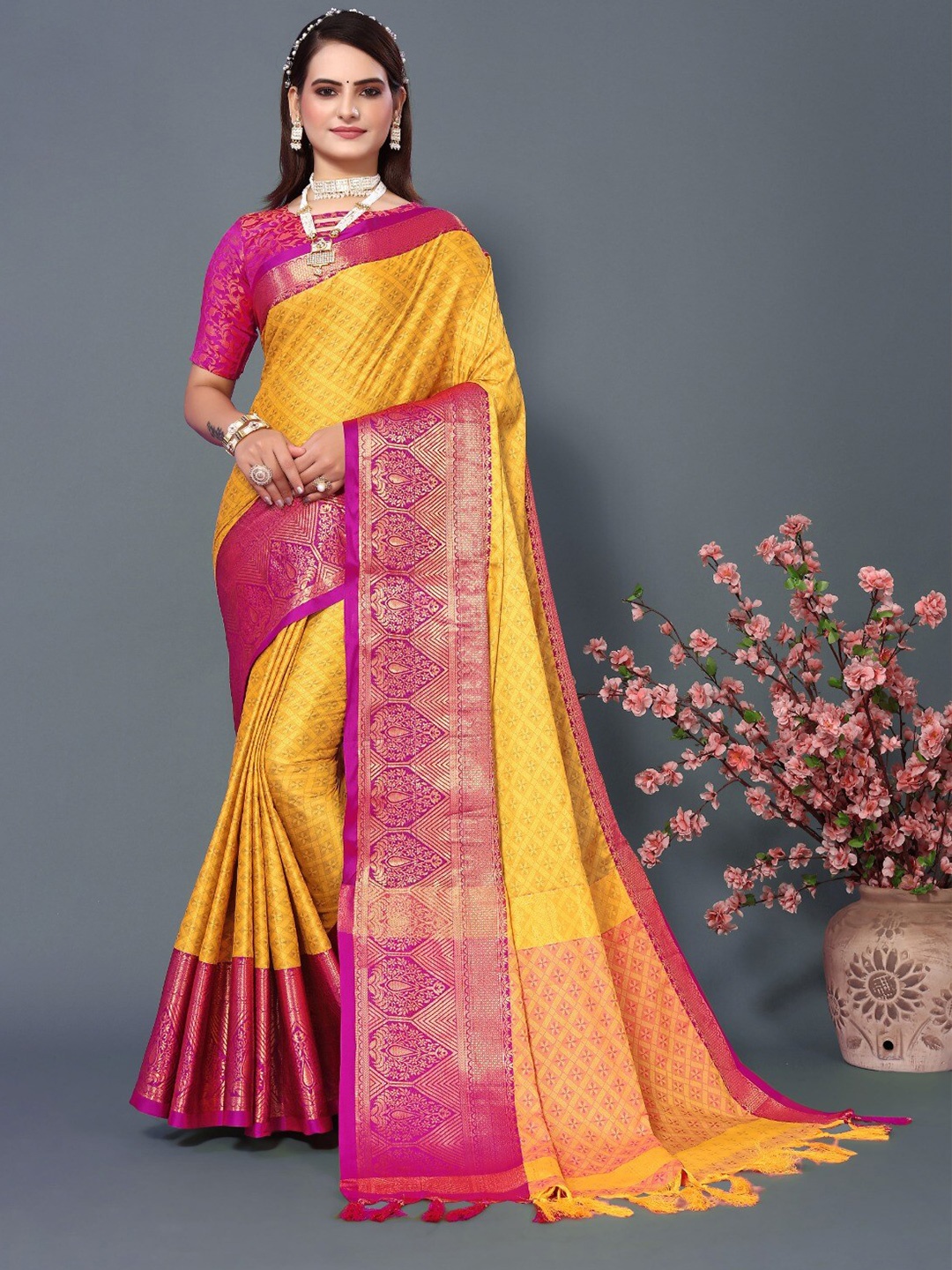 

DWINI Ethnic Motifs Woven Design Zari Dharmavaram Saree, Yellow