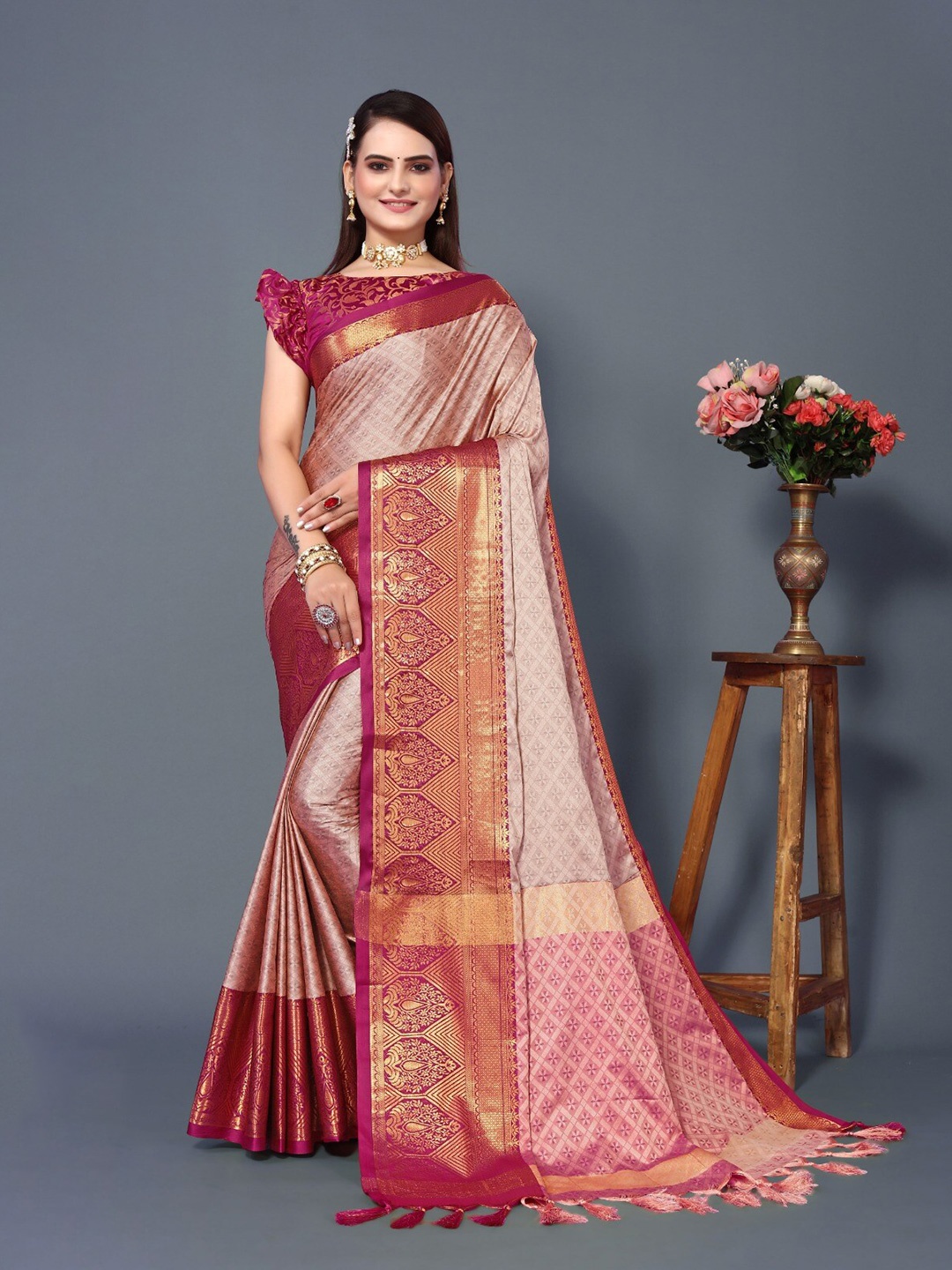 

DWINI Ethnic Motifs Woven Design Zari Dharmavaram Saree, Peach