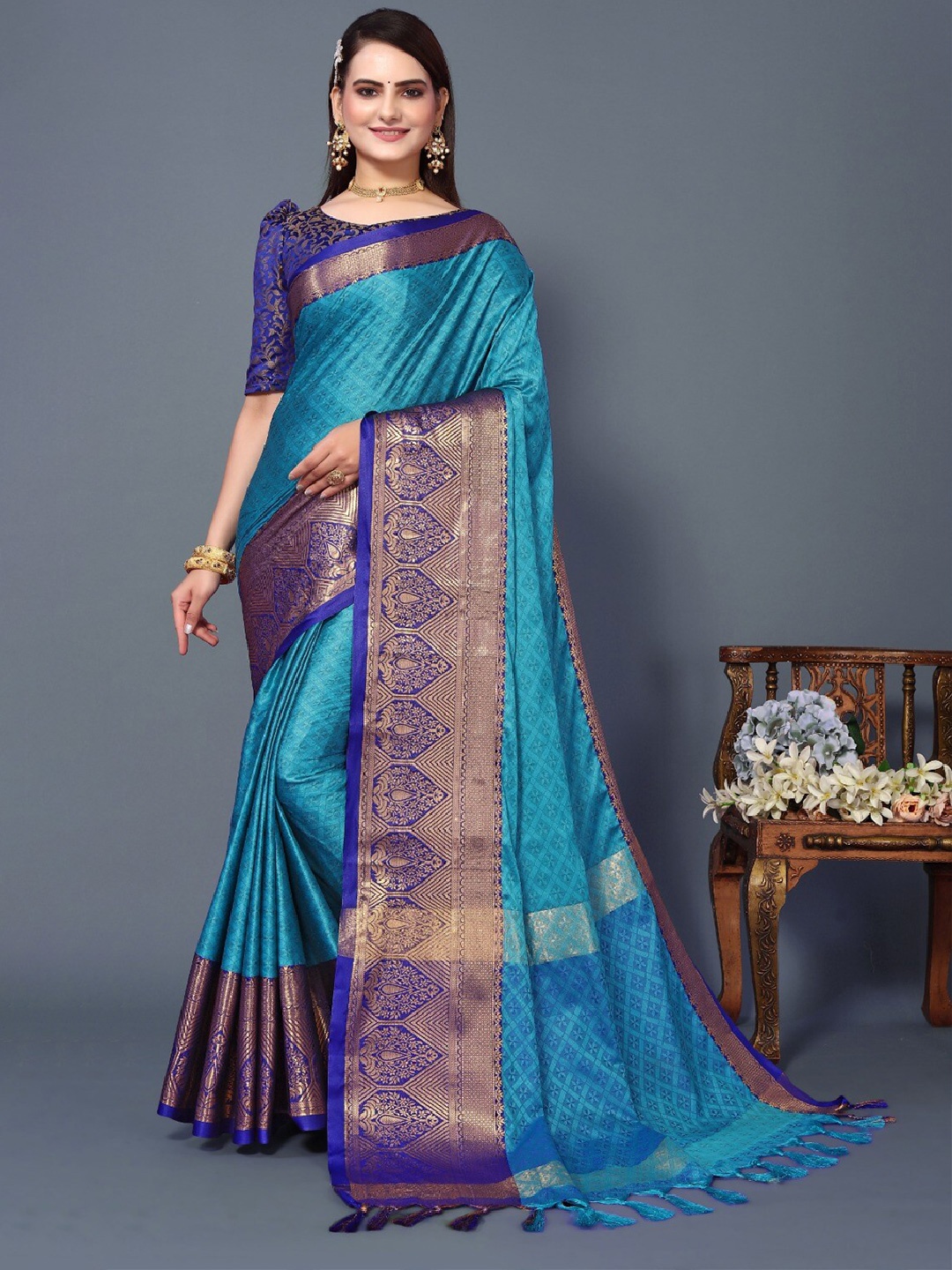 

DWINI Ethnic Motifs Woven Design Zari Silk Cotton Dharmavaram Saree, Blue