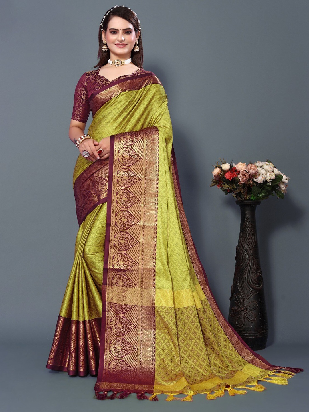 

DWINI Ethnic Motifs Woven Design Zari Silk Cotton Dharmavaram Saree, Olive